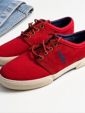 Polo Ralph Lauren Red Canvas Casual  Sneakers Lace Up Shoes Men's 7.5